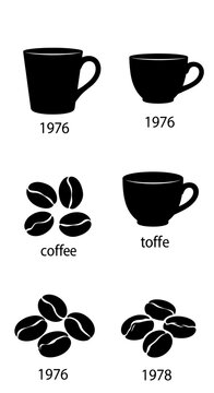 Vintage coffee shop silhouette icons, black coffee mugs and roasted beans set, retro cafe branding elements with 1976 and 1978 typography