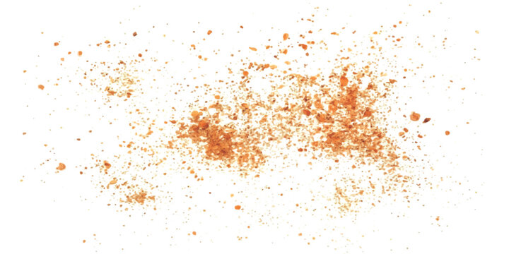 A small pile of ground paprika or chili powder scattered on a clean white background