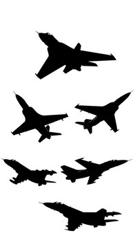 Military jet fighter silhouettes collection, 6 black aircraft vector elements, modern air force warplane icons for aviation design and combat graphics
