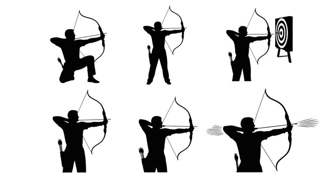 Archery silhouette set with 6 vector icons, archer aiming bow and arrow at target, professional bowman shooting poses for sport and hunting design