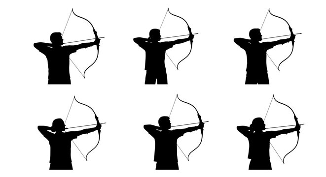 Archery silhouette collection with 6 archer poses, male athlete aiming bow and arrow, black vector sport icons on white background
