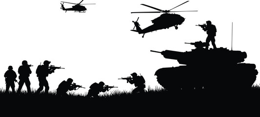 Black silhouettes of soldiers with guns standing on grass with tank and helicopters © MDGOLAM