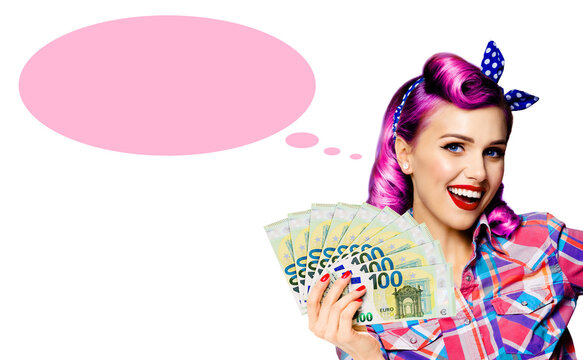 Happy smiling pin-up woman shows points euro cash in plaid shirt, isolated white background. Pinup girl hold money banknotes. Pink empty think speech bubble speechbubble, thought float, thinkbubble