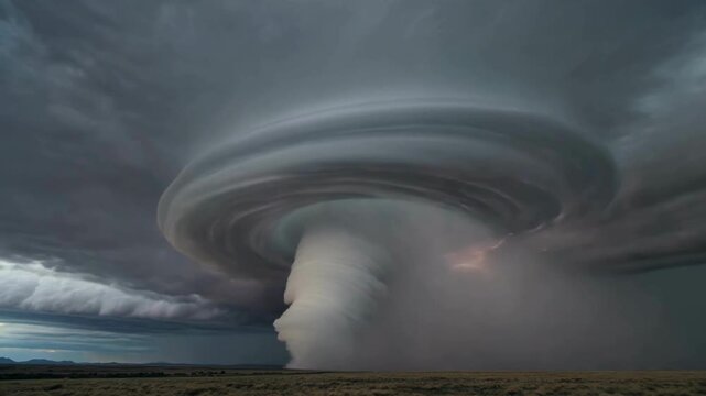 Massive tornado forming beneath rotating supercell storm clouds over open plains, dramatic extreme weather scene illustrating atmospheric power, climate danger, and natural disaster risk.