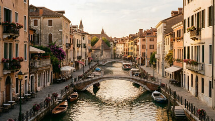 Fototapeta premium Romantic European canal city with stone bridges, historic buildings and boats reflecting in calm water at sunset, scenic travel destination