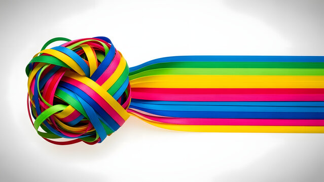 Tangled Ball of Multicolored Rainbow Ribbons Unwinding into Straight Horizontal Lines