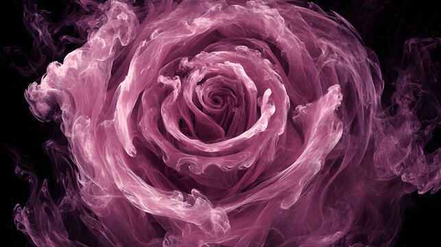 A swirling pink smoke vortex forming an elegant rose with delicate petals and luminous spiral details