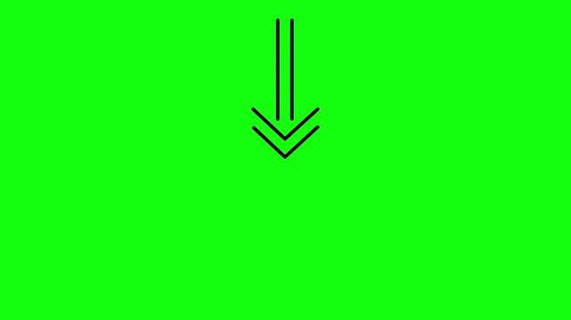 Animated arrow pointing down on green screen. Abstract bright downward arrow icon animation. 4k video