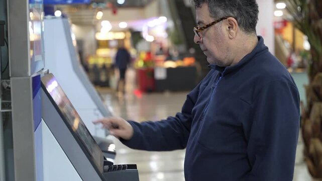 Man using ATM machine touchscreen at bank terminal