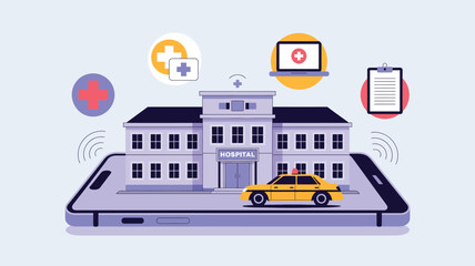 Smart healthcare mobile app concept with hospital building, ambulance taxi service and medical icons on smartphone screen, digital telemedicine illustration © VectAmaze