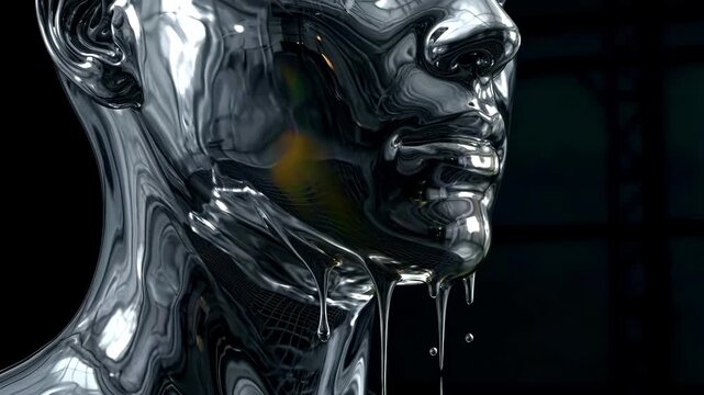 Futuristic silver chrome cybernetic face morphing liquid metal reflection dark sci fi artificial intelligence robot fluid dynamic dripping drop loop animation mirror texture cyberpunk