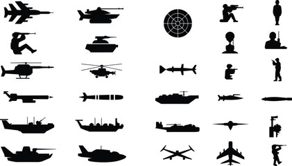 Military equipment silhouettes collection including soldiers, fighter jets, tanks, helicopters, missiles, warships and radar defense icons isolated vector set © Sarmin Creatives