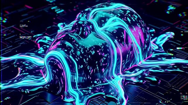 Futuristic glitching holographic liquid human face dripping melting digital error neon cyber reality artificial intelligence fluid dynamic motion dark cyberspace animation rendering