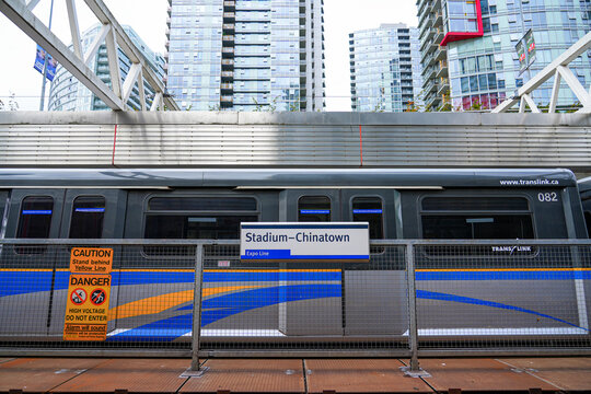 Mark II train in the Stadium-Chinatown station of the Vancouver SkyTrain, a medium-capacity rapid transit system using fully automated trains in British Columbia, Canada