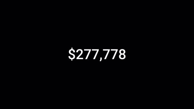 Dollar calculating animation from 0 to 500,000 dollars on transparent background, dollar counter video from zero to five hundred thousand dollars with an alpha channel.
