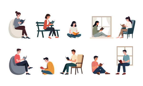 People reading books while sitting vector graphic illustration set