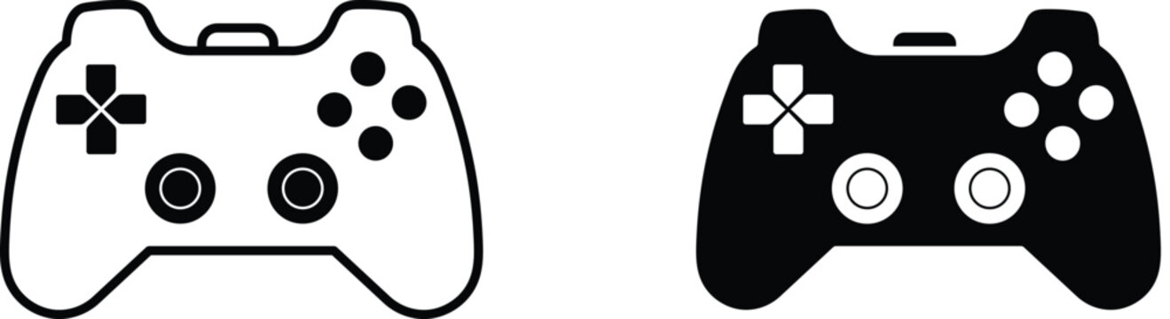 Black and white game controllers with directional pad and buttons gaming gamepad joystick