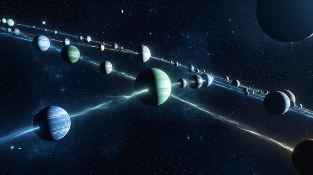 Futuristic Cosmic Array, cinematic animation featuring multiple planets orbiting in parallel rings through starlit deep space