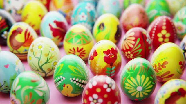 Colorful hand painted easter eggs with folk patterns on a pink background