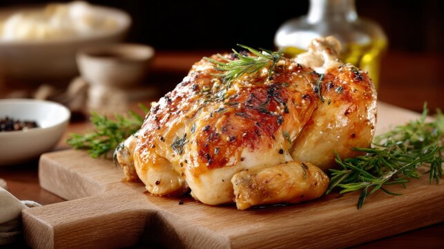 Crispy Spatchcocked Chicken with Fresh Herbs on Wooden Board
