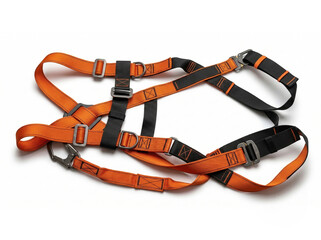 Orange and black safety harness with carabiner on white background