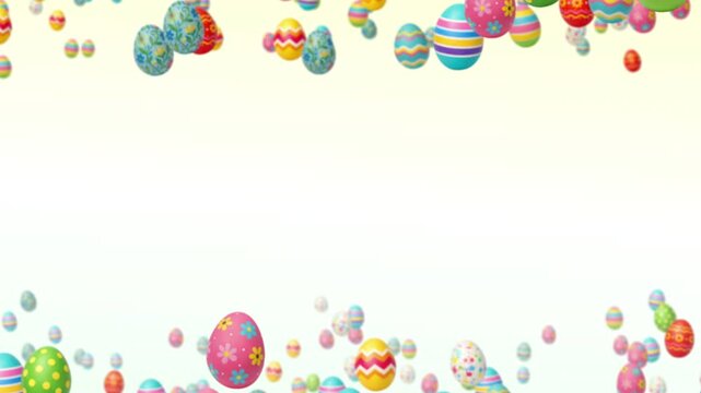 Colorful 3D Easter Eggs Border Animation Moving Right to Left. Bright Festive Background Frame with Center Copy Space for Social Media Spring and Holiday Promos in 4K.

