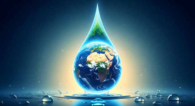 Glowing earth inside a water drop