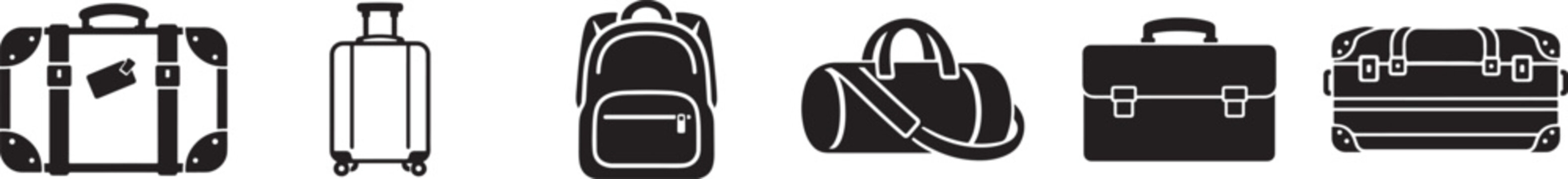 Holiday travel baggage icon set with suitcase, luggage and tourism symbols for vacation trips.