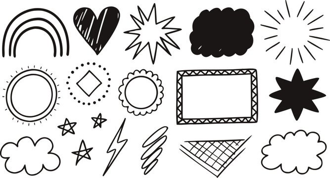 A collection of whimsical hand drawn black and white doodles featuring celestial and geometric shapes