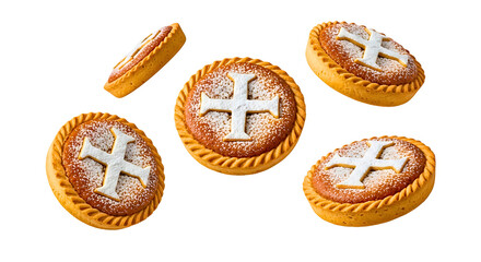 hot cross buns in motion, floating in air, isolated on transparent background, sweet pastry