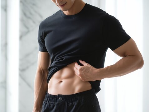 引き締まった腹筋を見せるために黒いTシャツをまくり上げる筋肉質な若い男性のポーズ