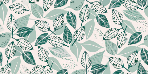 Seamless pattern of stylized green and teal leaves on a white background © BasobiBala