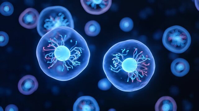 Vibrant Cellular Mitosis, animated microscopic view of glowing blue cells dividing, showcasing biological reproduction on a dark background