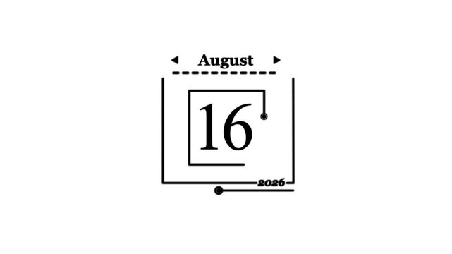 August 16th 2026 Calendar Date Icon Daily Calendar icon animation on transparent the date of New Year 2026 on a calendar.