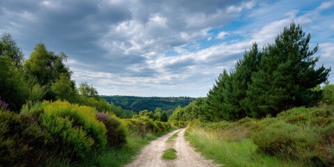 Narrow grassy track winding through heath and pine trees under moody cloud filled sky rolling hills in the distance peaceful natural trail