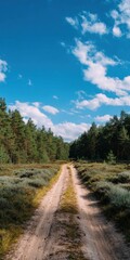 Fototapeta premium Sandy dual ruts cutting through heathland and pine forest beneath scattered clouds and bright blue summer sky, remote countryside track with low shrubs