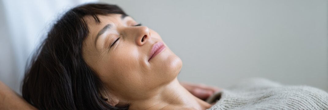 Asian female adult enjoying restorative energy healing treatment lying relaxed with eyes closed in a soothing wellness therapy session