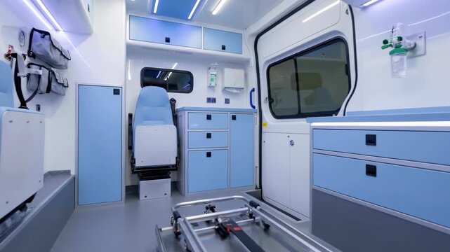 Interior view of a modern high-tech ambulance with empty medical equipment cabinets blue lighting and a metal stretcher on the floor