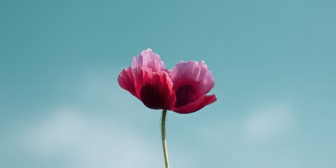 Fototapeta premium Twin pink poppy blooms against turquoise blue sky minimal floral macro paired petals stems isolated and airy composition