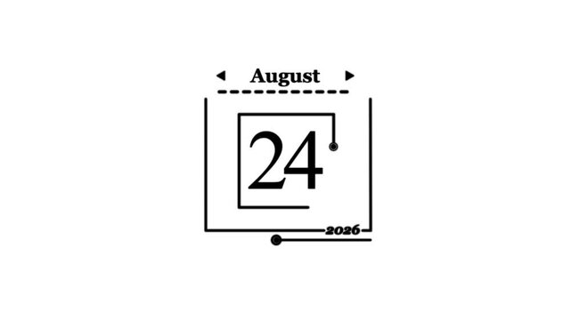 August 24th 2026 Calendar Date Icon Daily Calendar icon animation on transparent the date of New Year 2026 on a calendar.