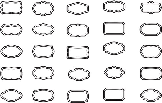 25 Vintage Decorative Labels and Frames in Various Shapes, Black Outline on White
