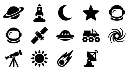 Solid black icons for space exploration and astronomy. Rocket launches, celestial bodies, and satellite technology collection. Vector illustration for educational apps, science fiction branding, and a © VectorGomes