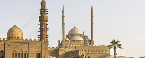 Mohammed Ali Mosque and historic Cairo Citadel in Cairo, Egypt glowing in golden light