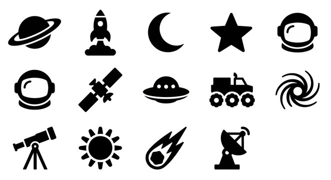Solid black icons for space exploration and astronomy. Rocket launches, celestial bodies, and satellite technology collection. Vector illustration for educational apps, science fiction branding, and a