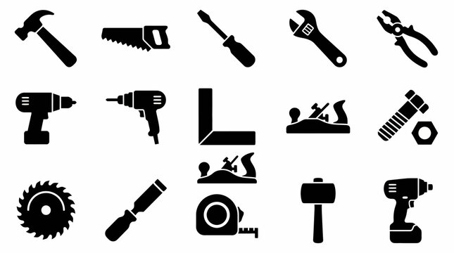 Solid black icons for hand tools and woodworking. Hammers, saws, and professional construction equipment collection. Vector illustration for hardware store apps, DIY websites, and repair service brand