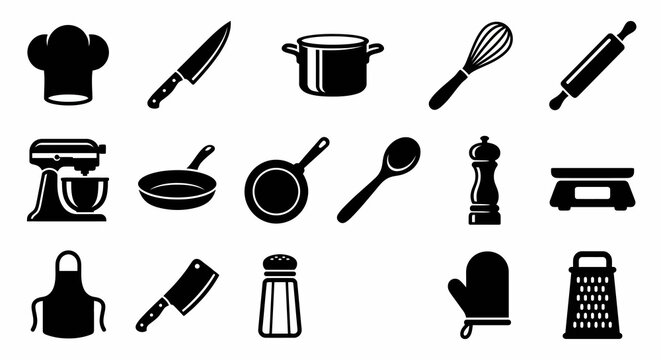 Solid black icons for professional gastronomy and culinary arts. Chef's hats, knives, and kitchen equipment collection. Vector illustration for restaurant apps, gourmet branding, and cooking school co