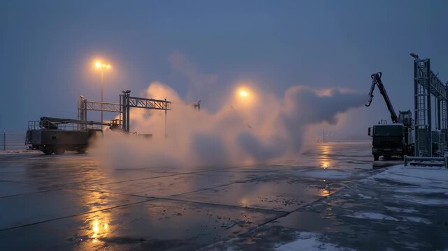 Specialized vehicles spray deicing fluid and steam onto an airport apron at night under bright industrial lights in winter conditions