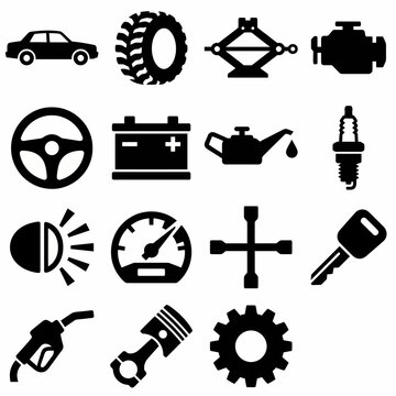 Solid black icons for automotive industry and car repair. Vehicle parts, mechanic tools, and transport collection. Vector illustration for repair shop apps, car dealership branding, and automotive tec