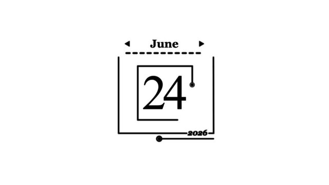 June 24th 2026 Calendar Date Icon twenty-four Daily Calendar icon animation on transparent the date of New Year 2026 on a calendar.