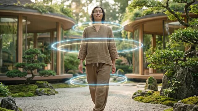 Woman walking in zen garden with glowing holographic health rings around her body reflecting wellness tracking and future longevity technology